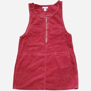 cherry red corduroy zip-up pinafore dress with front pockets
